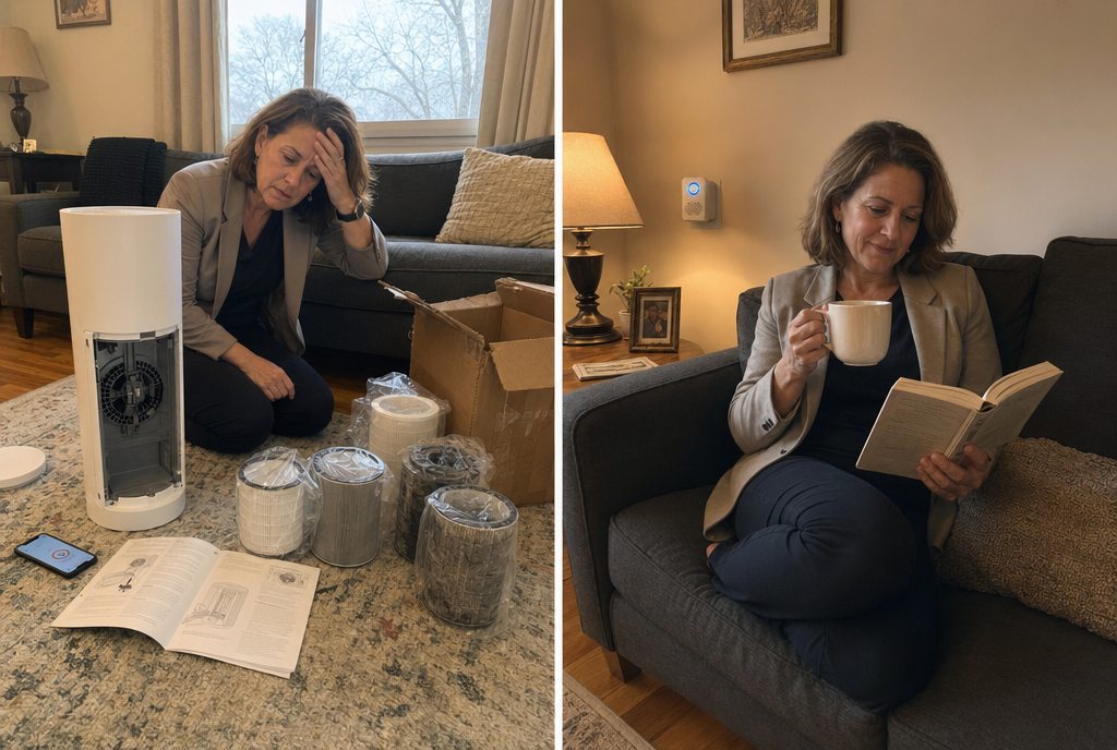 Before and after — frustrated woman surrounded by replacement filters and a broken air purifier, vs. relaxed woman reading a book with a Breezr plugged into the wall
