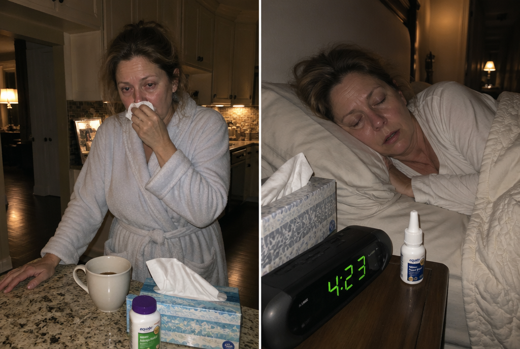 Margaret in the kitchen at night with tissue and coffee cup, and asleep at 4:23 AM with nasal spray on the nightstand