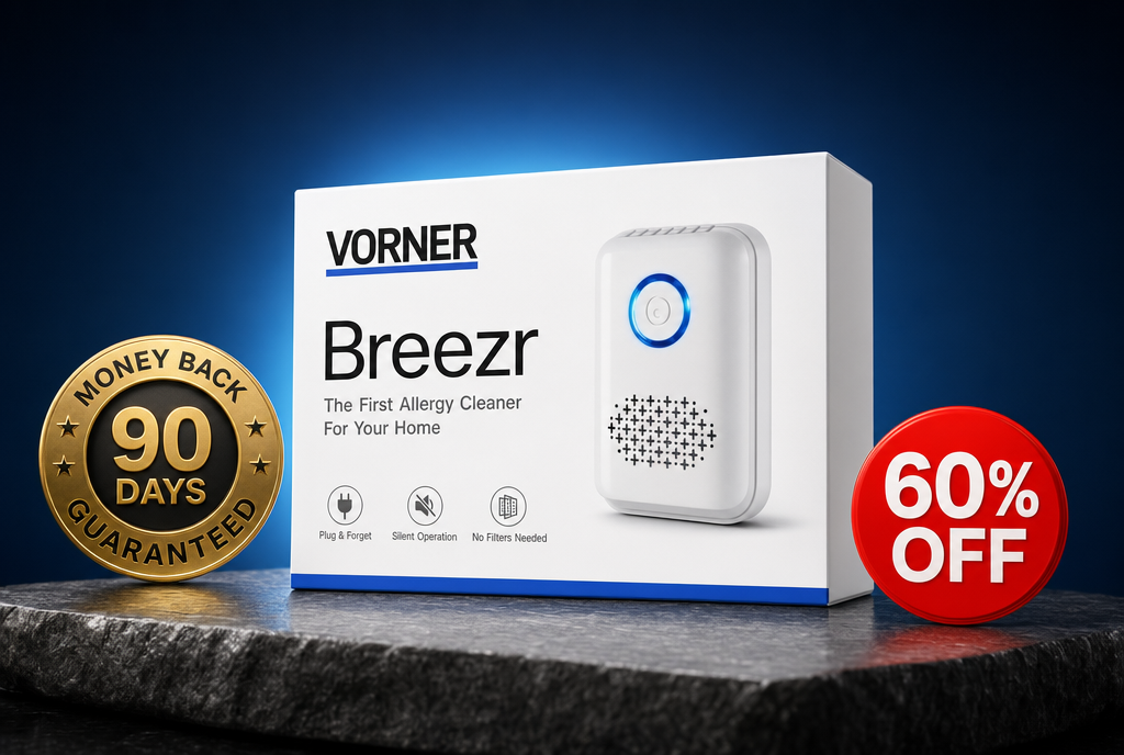 Vorner Breezr packaging with 90-day money-back guarantee badge and 60% OFF seal