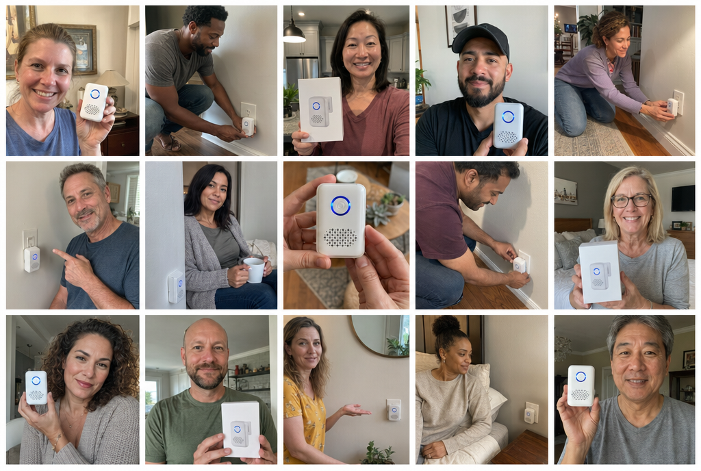 Wall of real Breezr customers holding their devices and plugging them in across kitchens, bedrooms, and living rooms